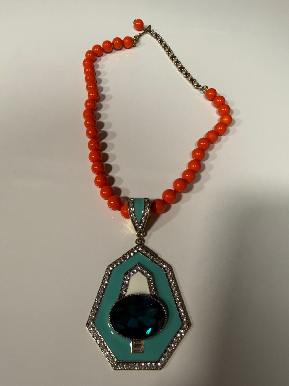 Heidi Daus Orange Beaded Necklace with Turquoise and Teal Pendant